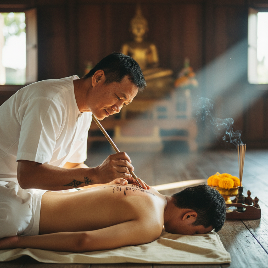 A Wat Bang Phra-tradition Sak Yant master hand-poking a sacred Yant tattoo on a respectful foreign client in a Bangkok studio