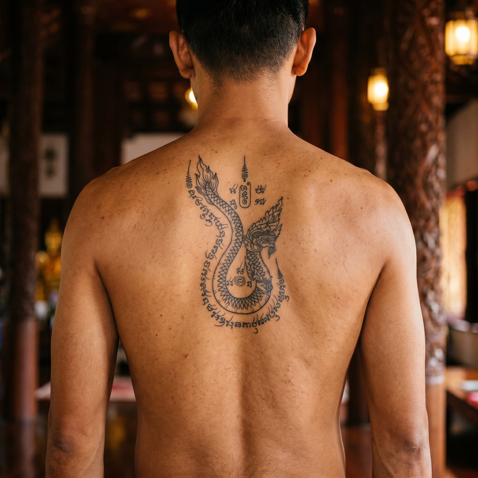 Custom Naga (Central Thai) Sak Yant design — close-up